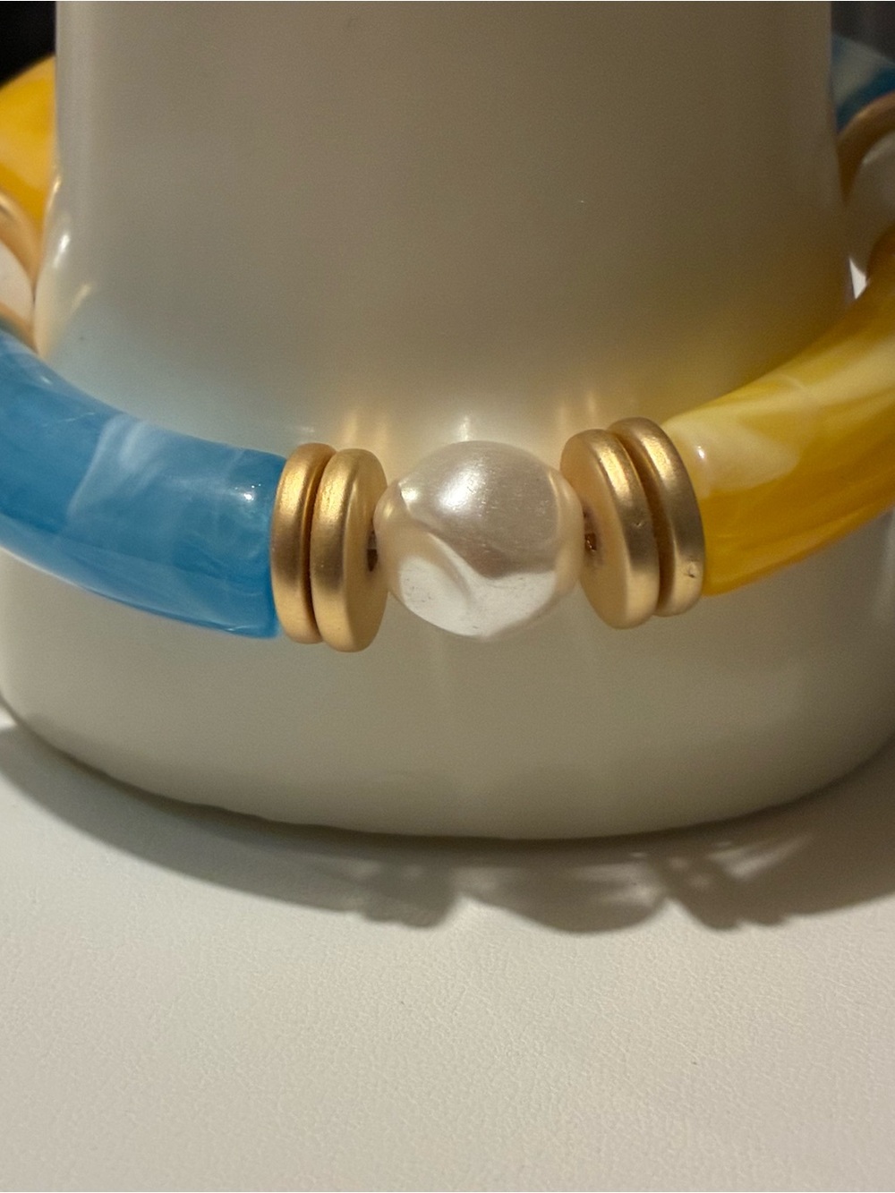 Blue and Yellow Resin Pearl Bracelet with Matte Gold Accents